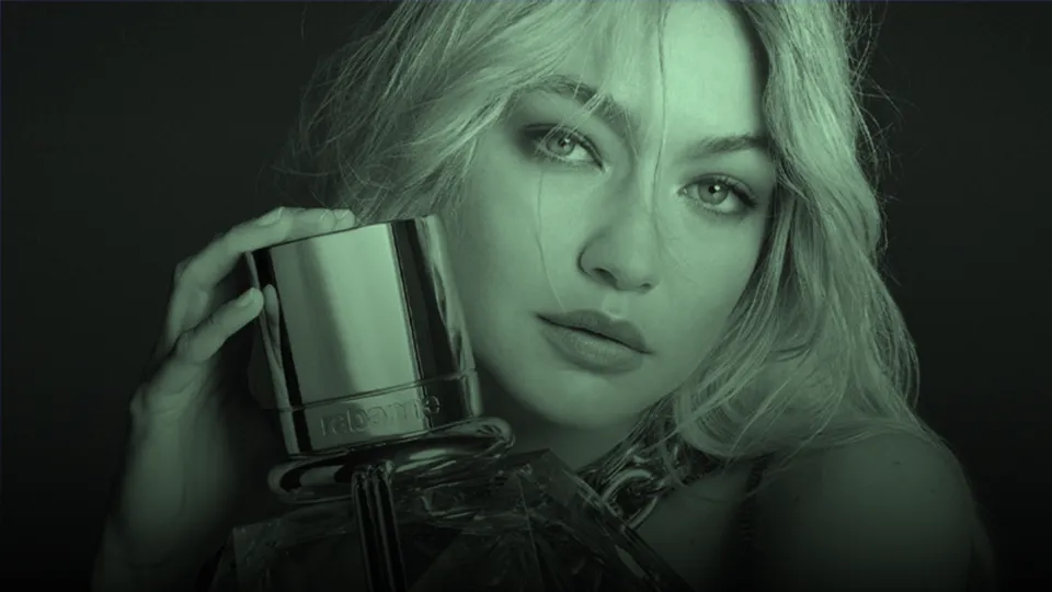 Rabanne fragrance campaign — green duotone