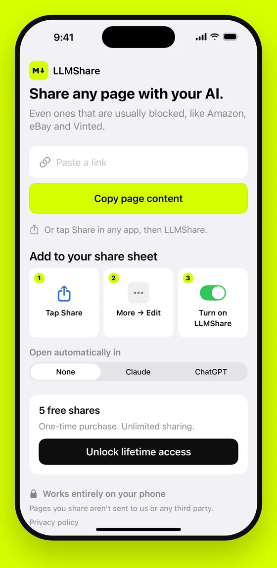 The LLMShare app: a box to paste a link, a Copy page content button, and the three steps for adding LLMShare to the share sheet.