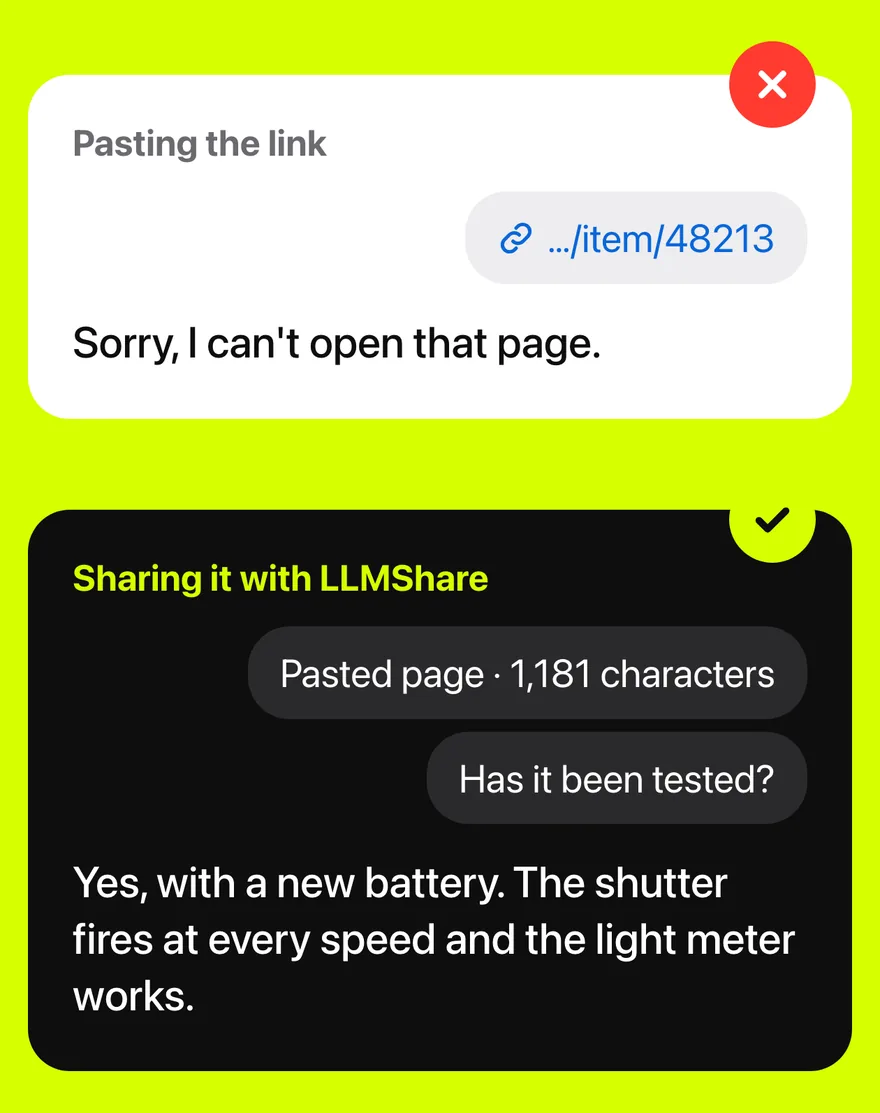 Two chats compared. Pasting a listing link gets &ldquo;Sorry, I can't open that page&rdquo;. Sharing the same page with LLMShare gets a full answer about the camera.