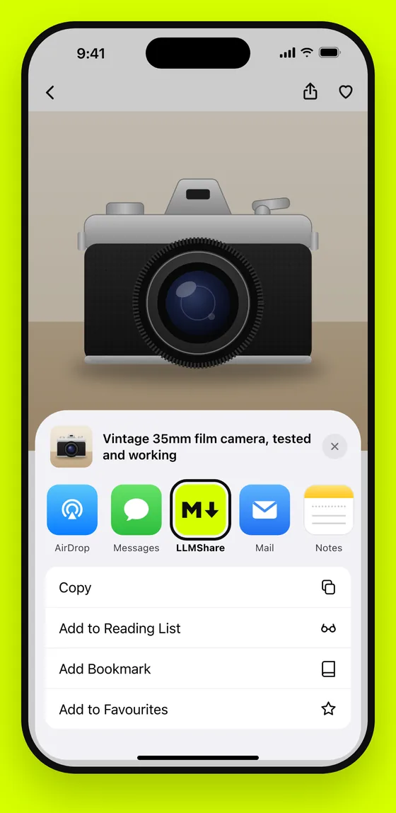 The iPhone share sheet open on a listing for a vintage film camera, with LLMShare in the row of apps.