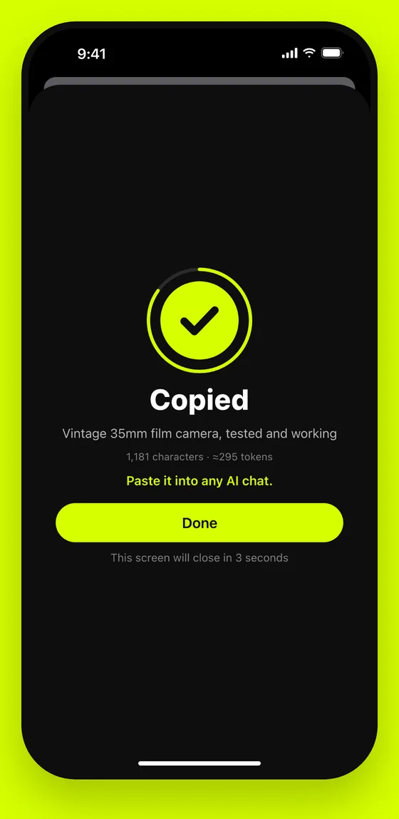 LLMShare's Copied screen, showing the listing's title and a Done button.