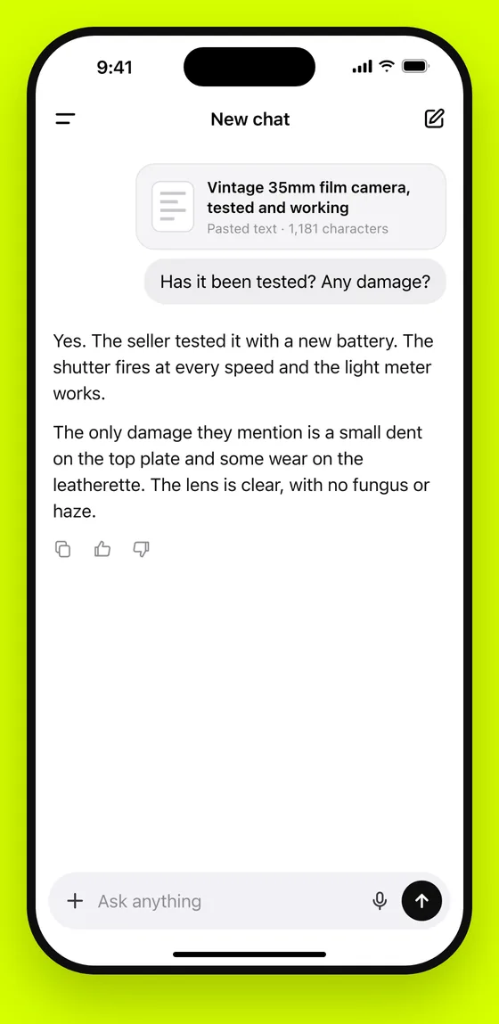 An AI chat with the pasted listing, answering whether the camera has been tested and what damage the seller mentions.
